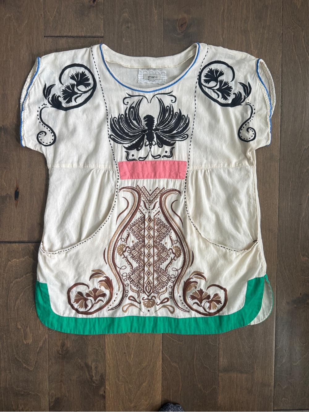 Isato Embroidered Boho Apron Pocket Peasant Top Sz Small